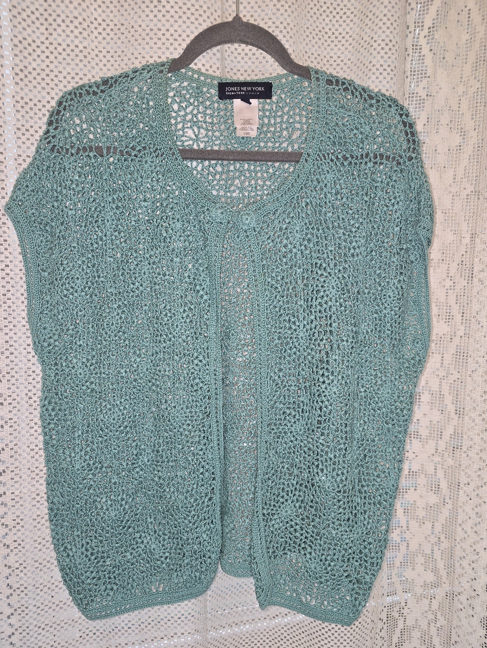 Jones New York Crochet Vest, Short Sleeve Sage Green Crochet Vest, Cardigan 2X